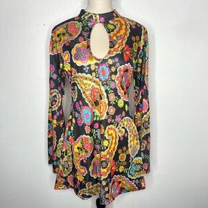 VINTAGE 1970s Mini GoGo A-line Psychedelic Dress Vtg 70s Paisley Flared Sleeves